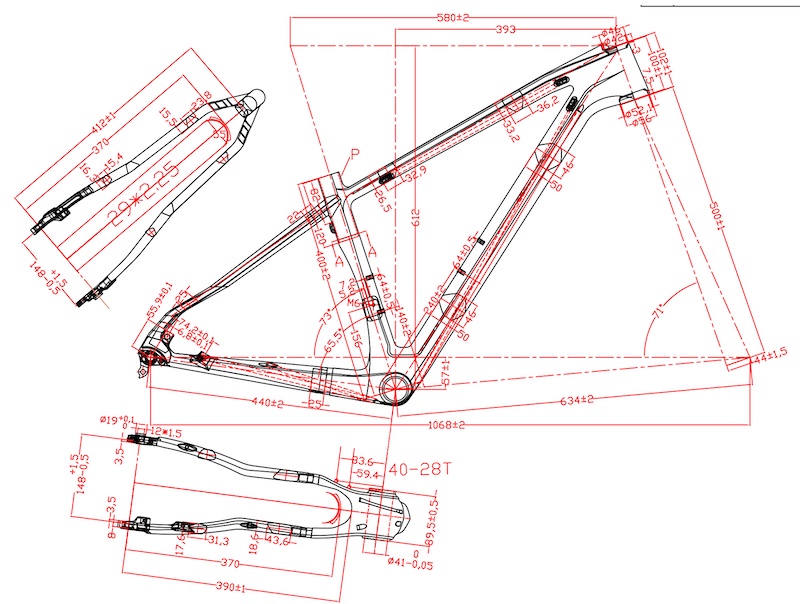 Cadres de vélo VTT en carbone, dessin 2D